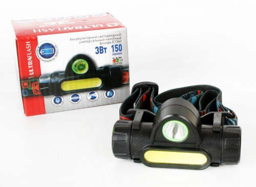 Фонарь аккумуляторный налобный E1340 XPE + COB LED 3Вт 2 режима аккум. 3.7В магнит диммир. черн. (бокс) Ultraflash 14268