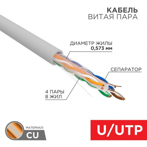 Кабель витая пара U/UTP кат.6 4х2х24AWG solid CU ZH нг(А)-HF сер. (305м) Rexant 01-0067