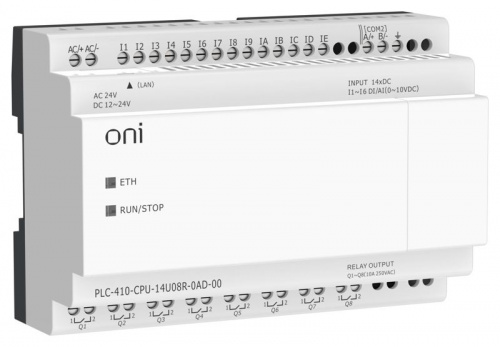 Модуль ЦПУ ПЛК 410 8 DI 6 UI (0-10В/DI) 8 RO 12В-24В DC или 24В AC с Ethernet портом без экрана ONI PLC-410-CPU-14U08R-0AD-00