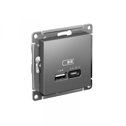 Розетка USB AtlasDesign тип A+C 45Вт QC PD высокоскор. ЗУ механизм сталь SE ATN000929