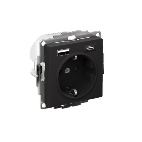 Розетка AtlasDesign 16А с 2-мя заряд. устройствами USB тип A+C 5В/2.4А 2х5В/1.2А механизм карбон SE ATN001032